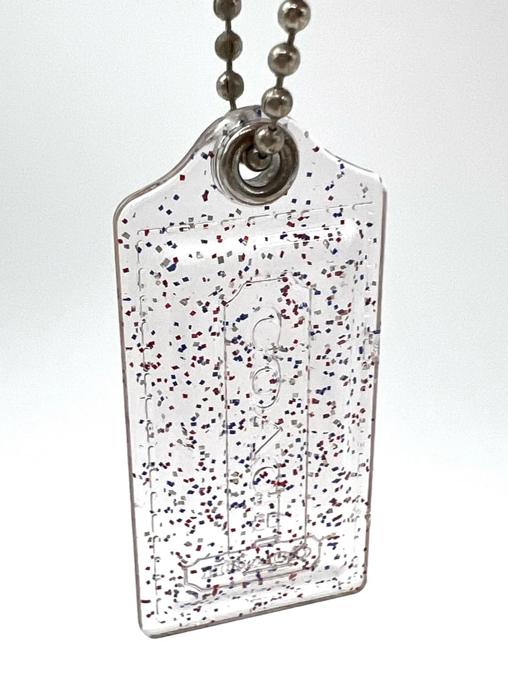 Coach Poppy Clear Red Blue Confetti Glitter Lucite Hangtag Ball Chain